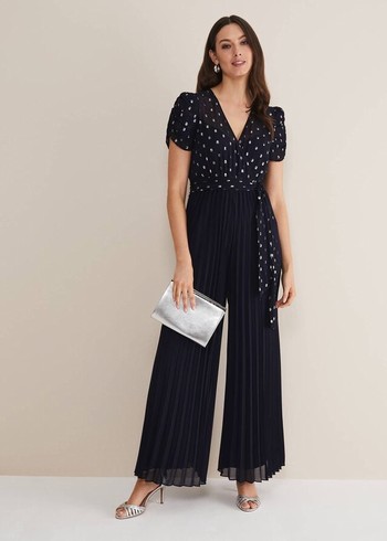 Phase Eight Molli Spot Pleated Jumpsuit Navy Canada | NUJFDV-450